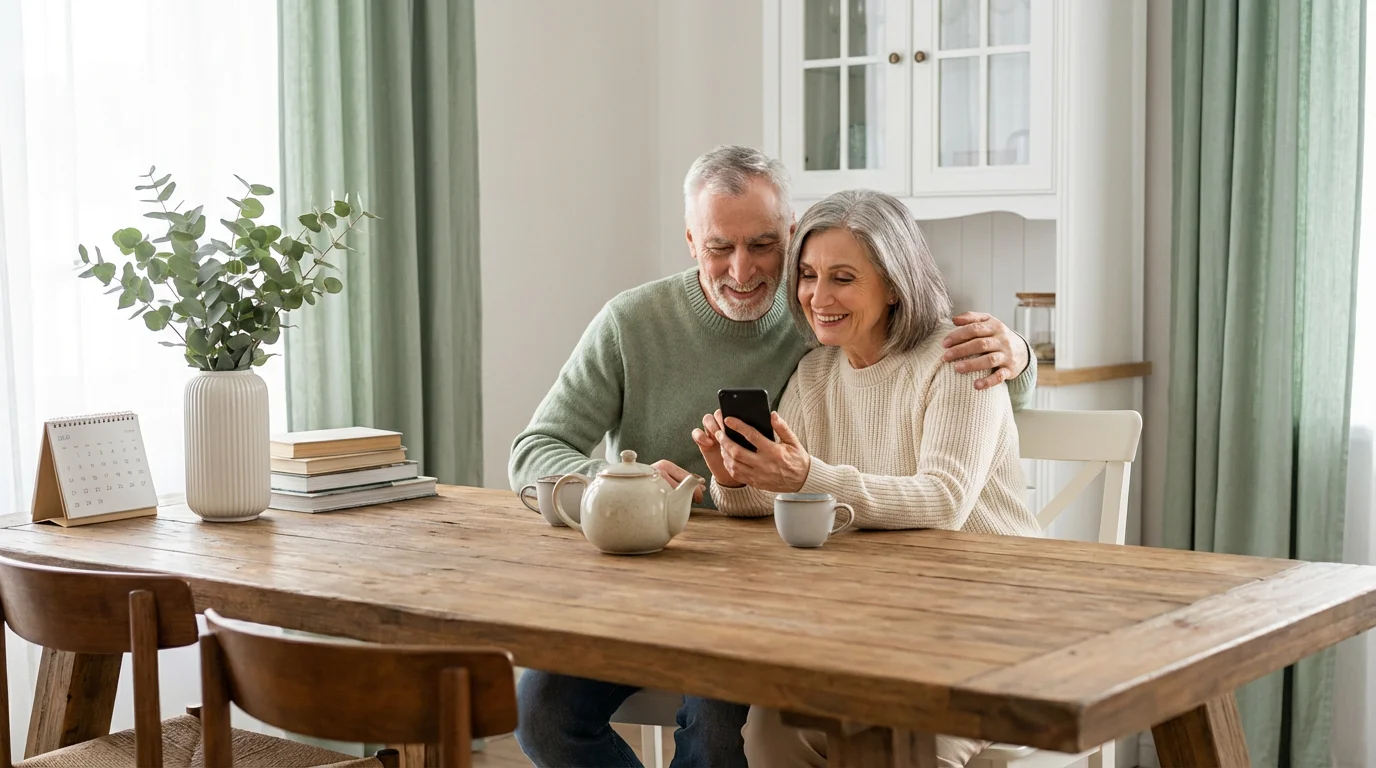 A senior couple looking at a smartphone together at a kitchen table.
