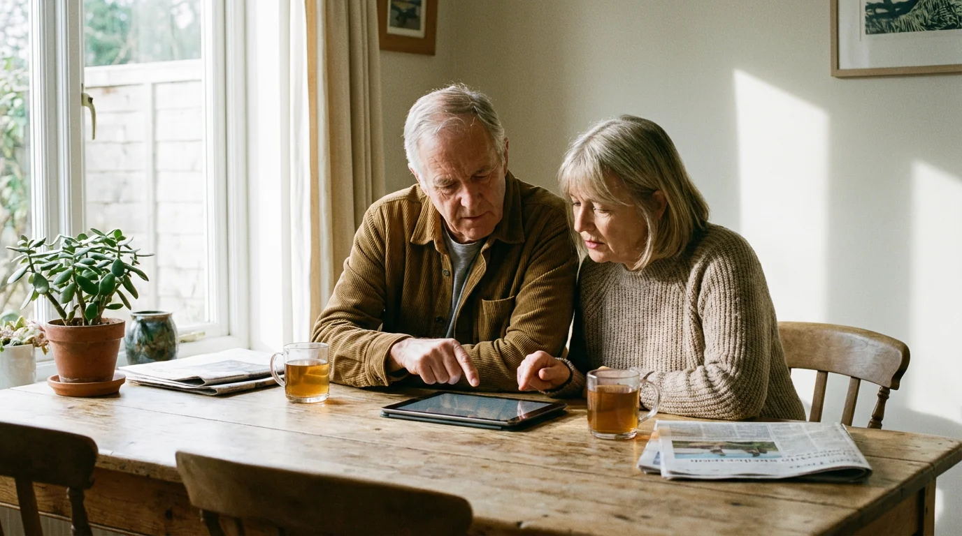 A senior couple looking at a tablet screen together with focused, discerning expressions.