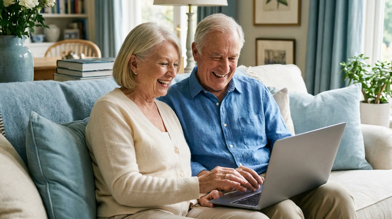 A senior couple sitting together on a couch, looking at a laptop and making a decision together.