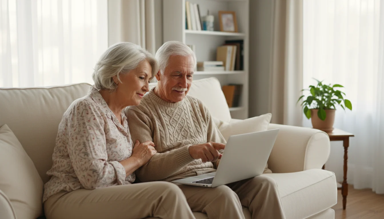 A senior couple sitting together on a couch looking at a laptop screen.