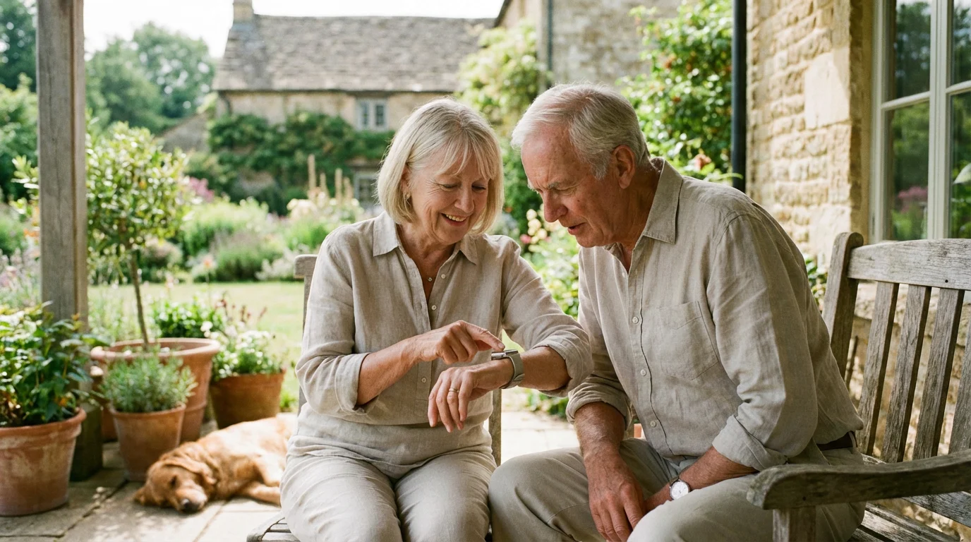 A senior couple sitting together on a patio looking at a smartwatch.