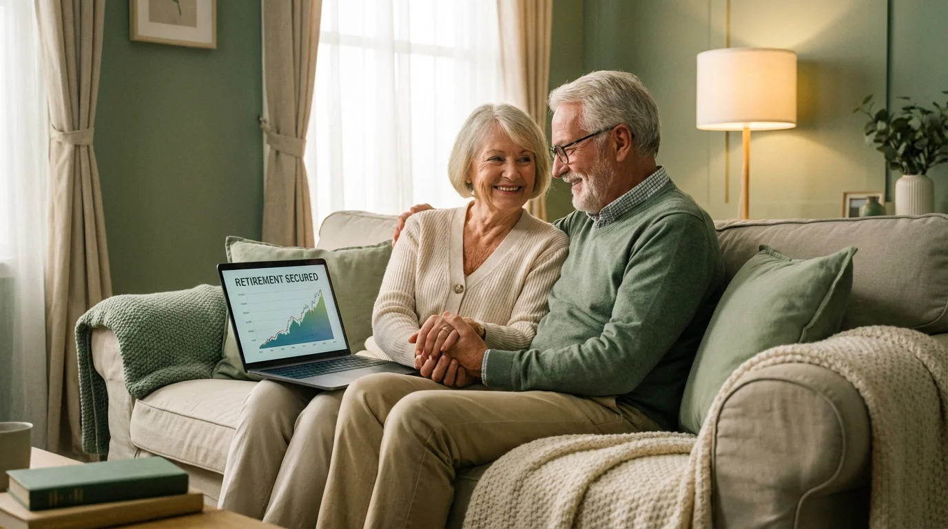 A senior couple smiling while looking at a laptop screen together on a couch.