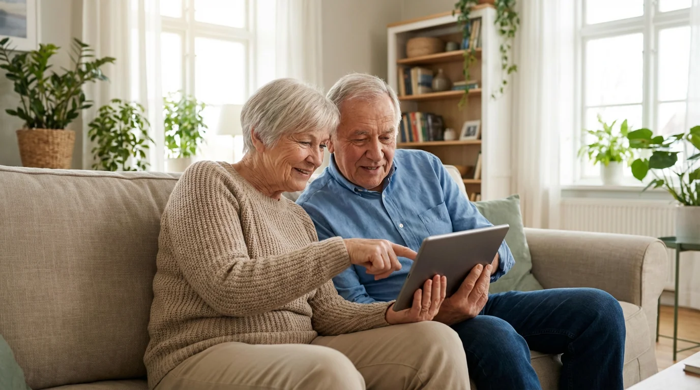 A senior couple together looking at a tablet screen with a cautious and focused expression.
