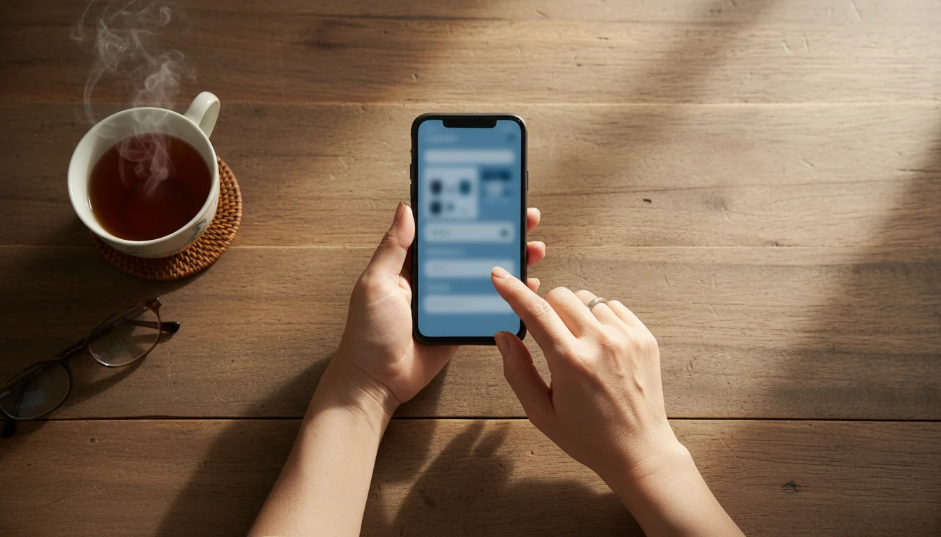 A senior East Asian woman's hands confidently tapping a generic smartphone screen on a warm wooden table, with a blurred settings menu. Soft morning light.