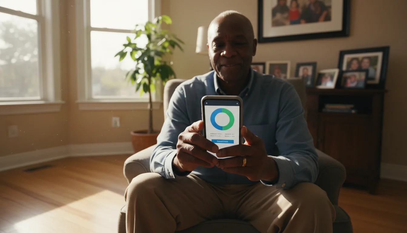 A senior man, 70s, holding a smartphone, looking at a banking app screen with blurred text from a low angle in a sunlit room.