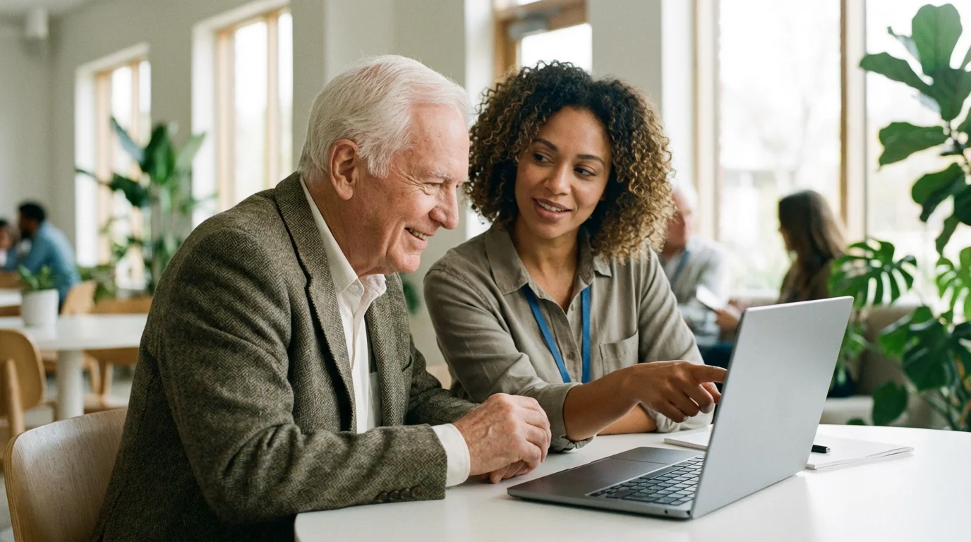 A senior man and a helpful technician reviewing a laptop screen together in a bright, modern service center.
