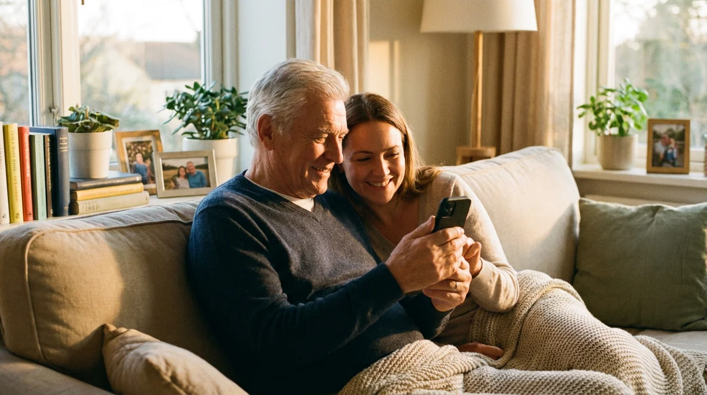 A senior man and his daughter looking at a smartphone together on a couch.