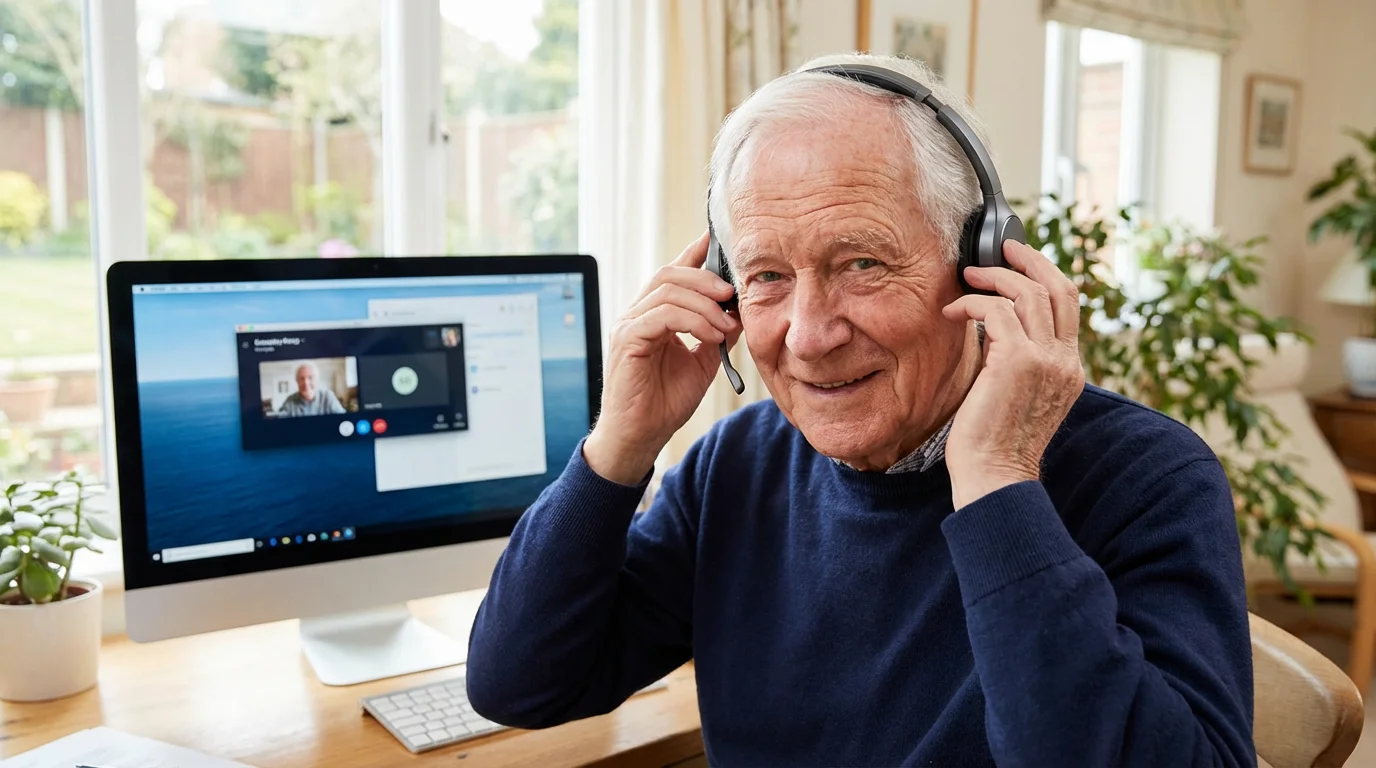 A senior man calmly adjusts his headset while sitting at a computer.