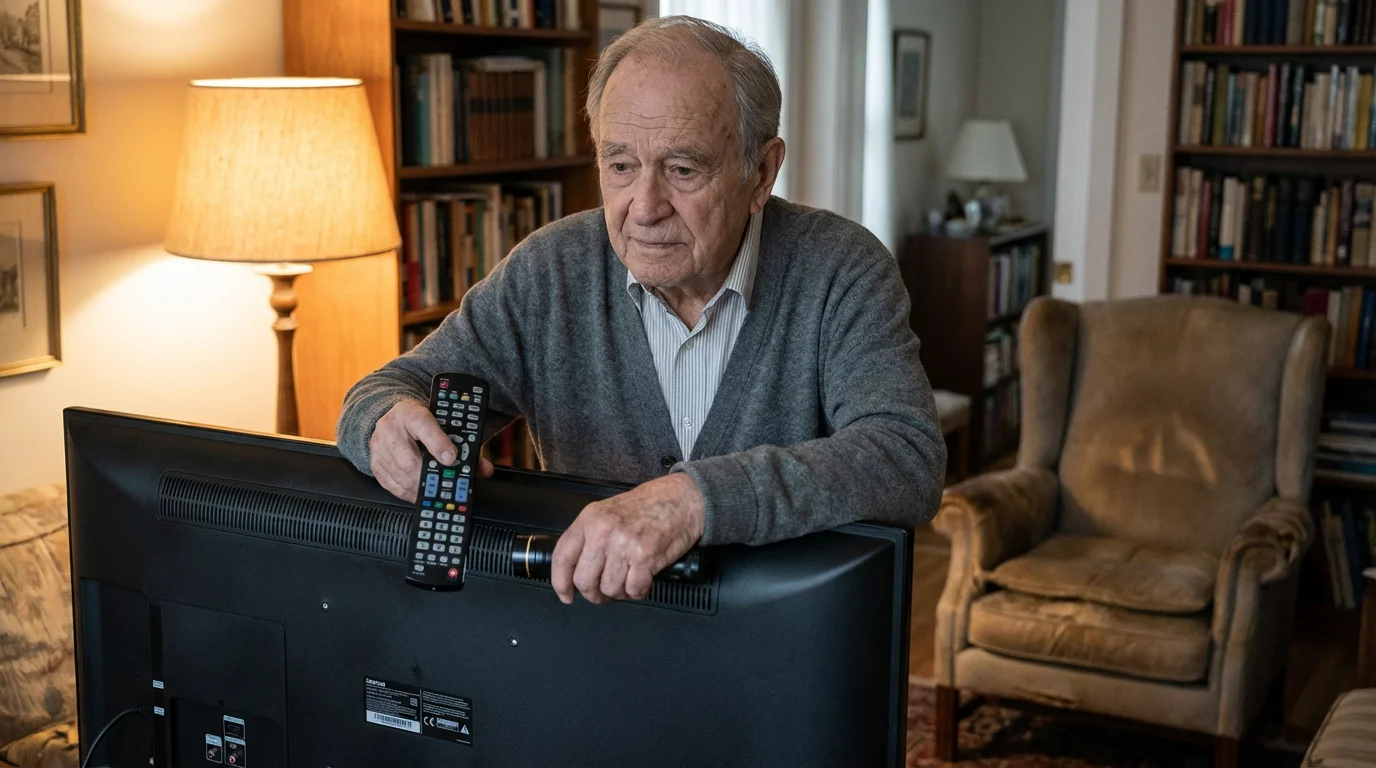 A senior man calmly checking his television settings in a warm, well-lit room.