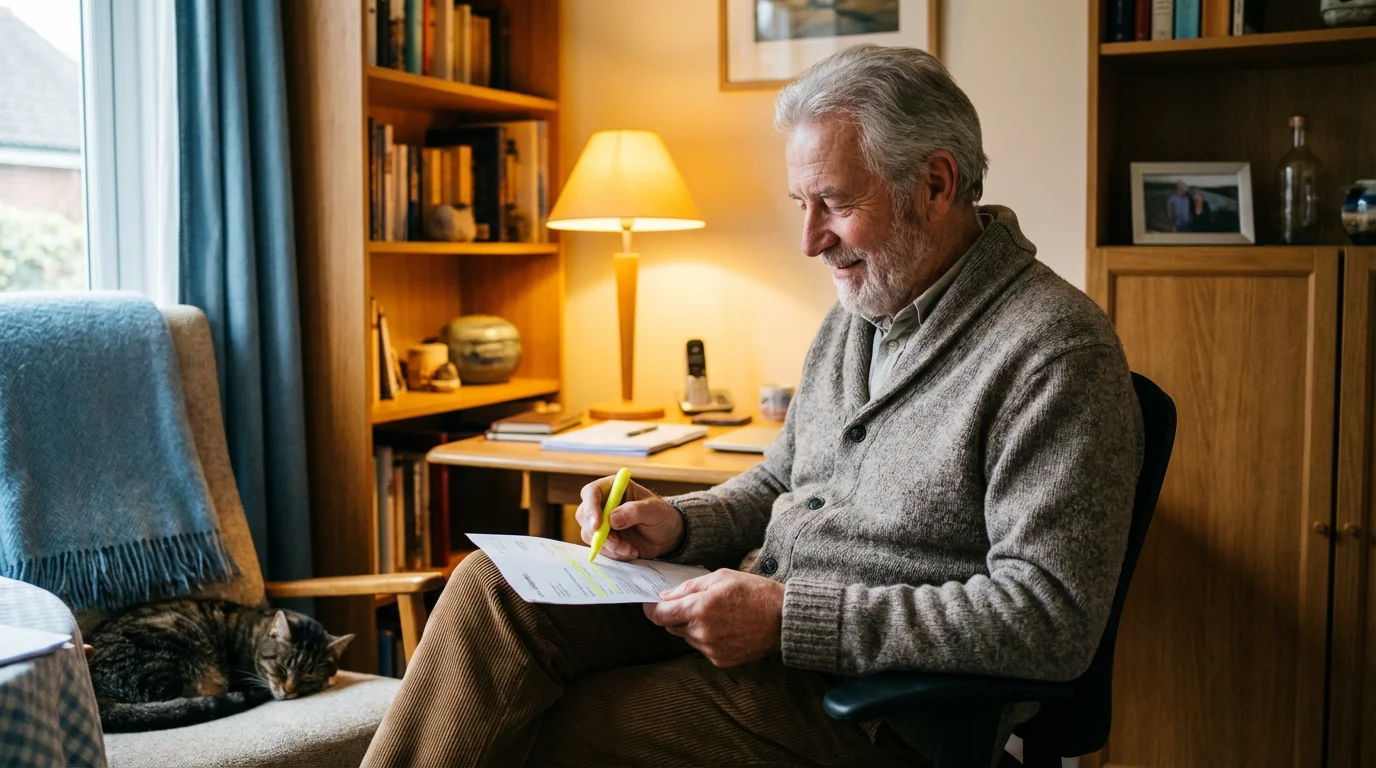A senior man calmly reviewing a bank statement with a highlighter at a desk.