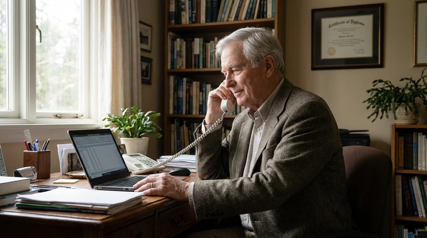 A senior man calmly talking on the phone while looking at his computer screen.