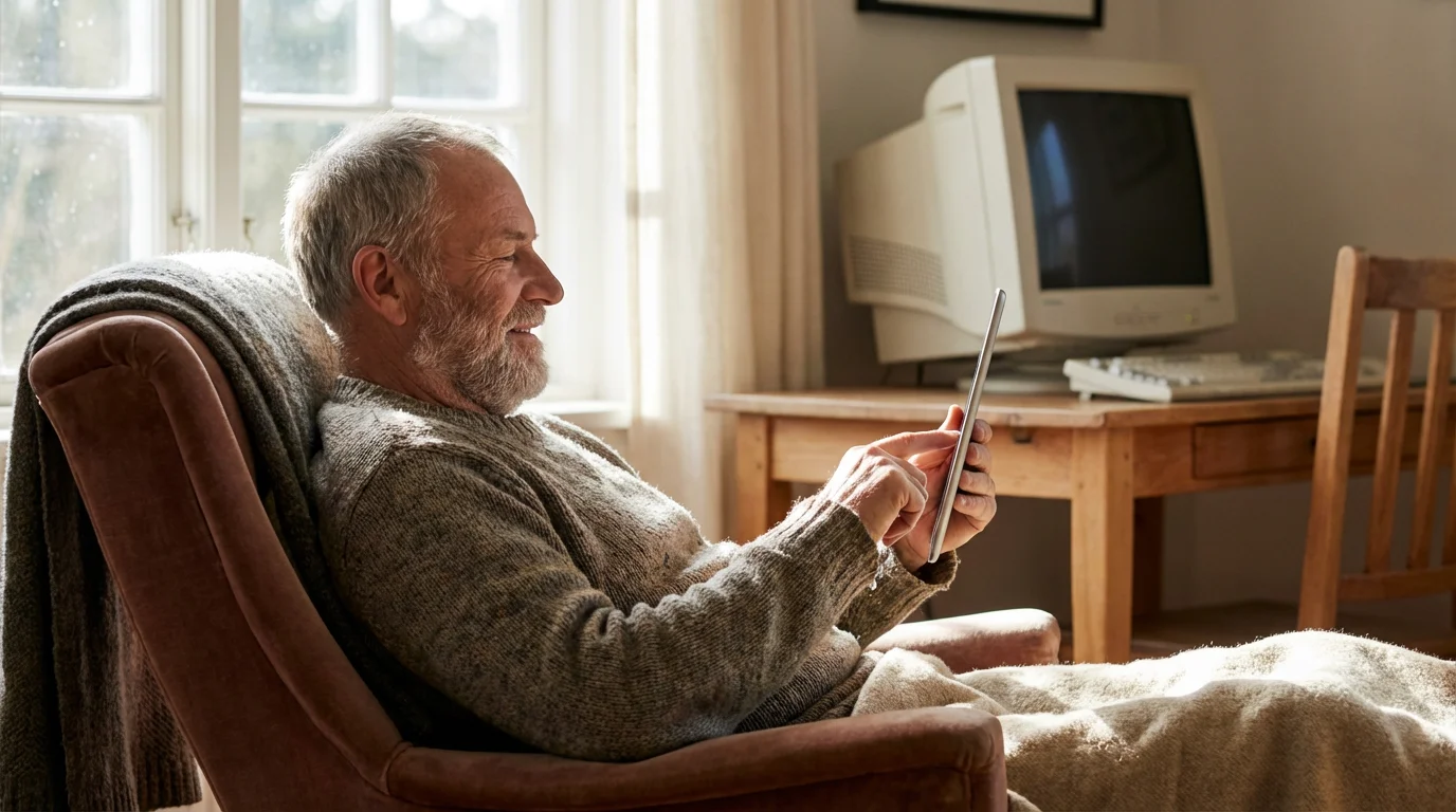 A senior man comfortably using a lightweight tablet while sitting in a soft armchair.