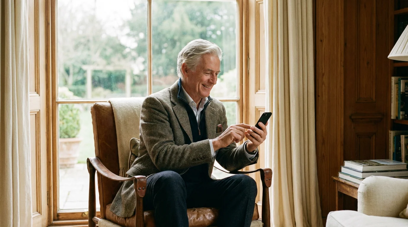 A senior man focused on his smartphone while sitting in a sunlit room.