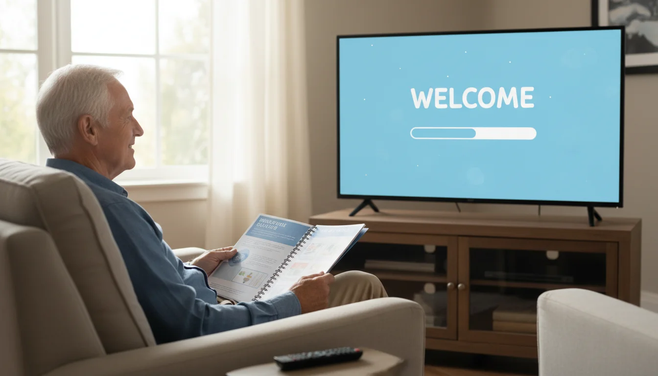 A senior man following a simple setup process on his television in a well-lit living room.
