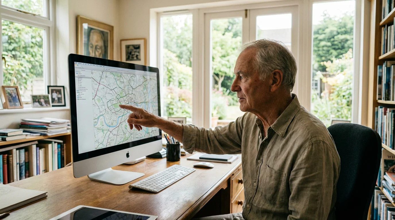 A senior man in a home office looking at a computer screen with an inquisitive look.