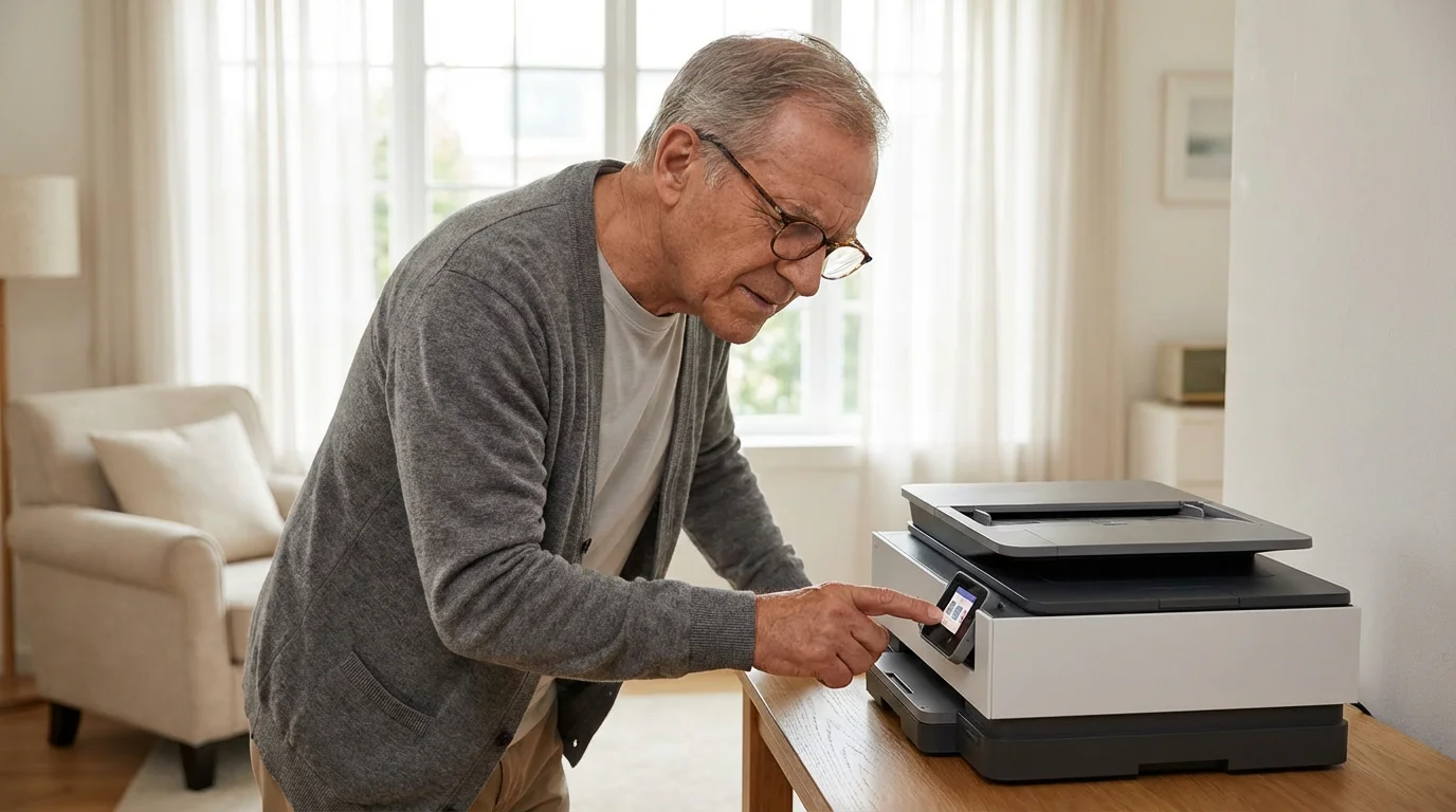 A senior man interacting with the small screen on a wireless printer.