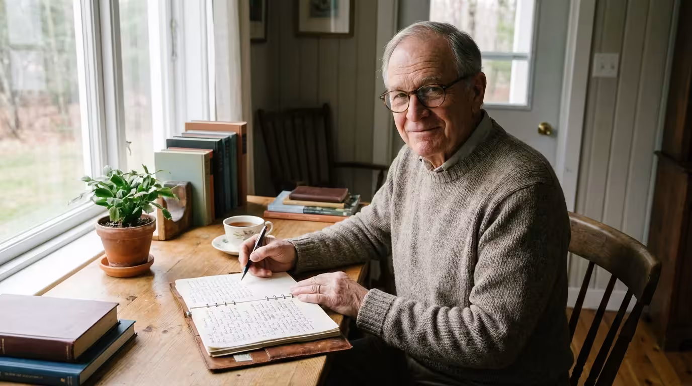 A senior man looking at a notebook at his desk, showing preparation and calm.