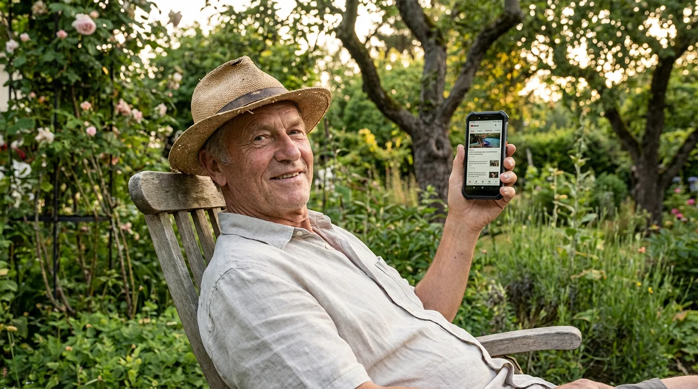 A senior man looking at his Android phone while sitting outdoors in a garden.