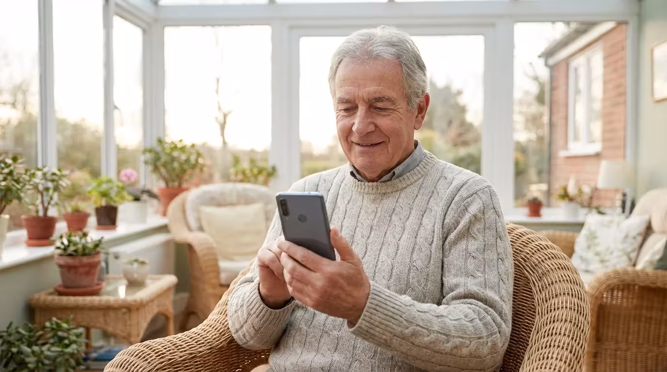 A senior man looking at his Android smartphone in a well-lit room.