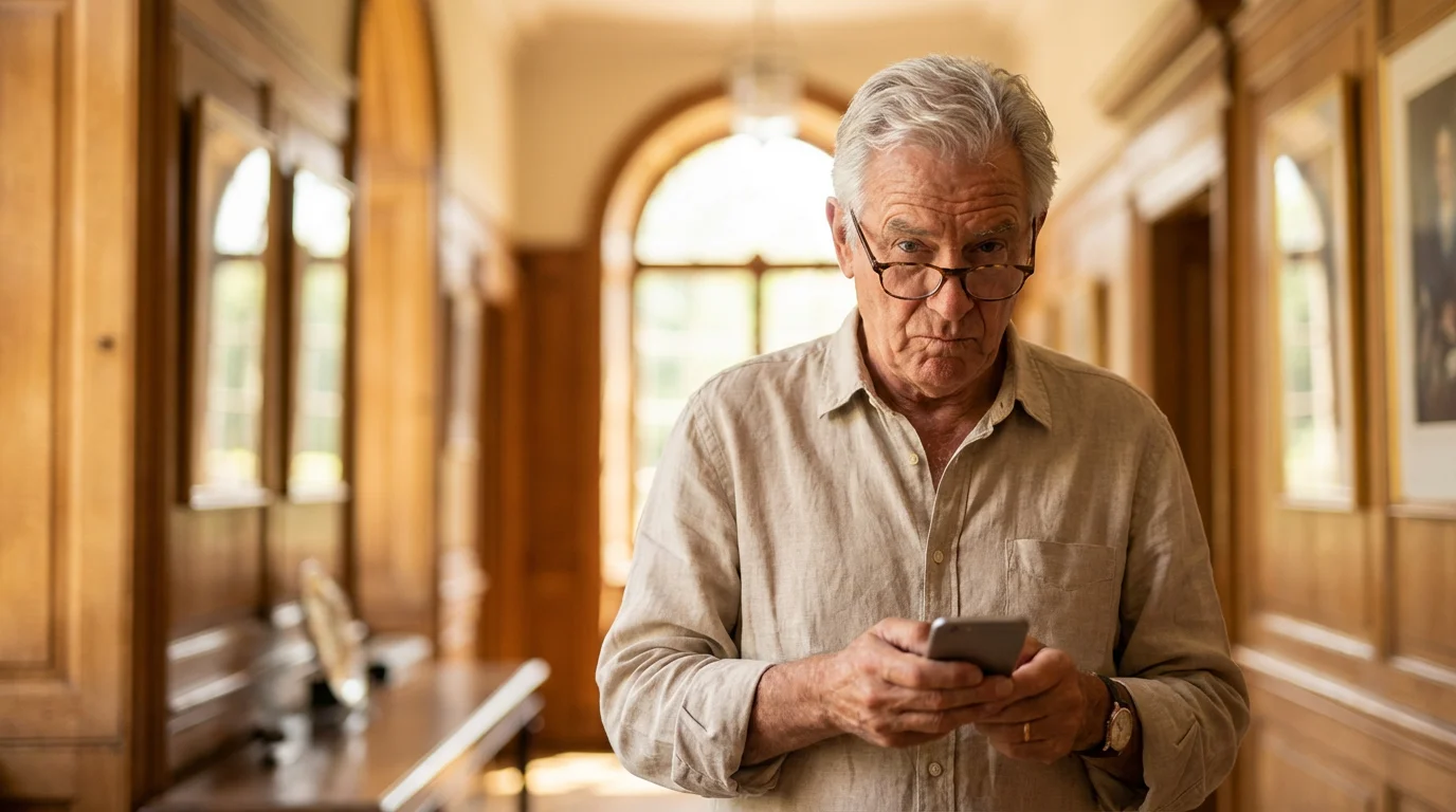 A senior man looking at his smartphone with a cautious and skeptical expression.