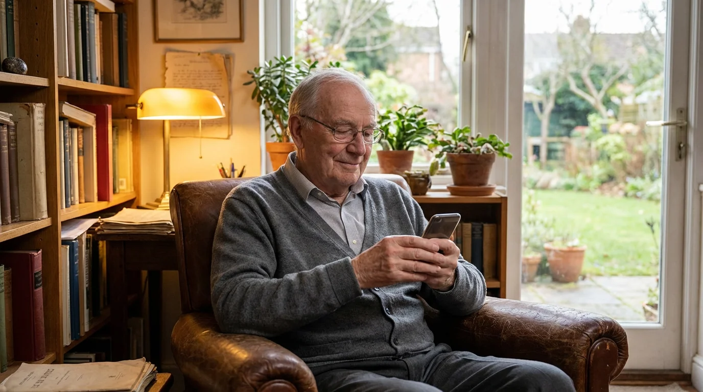 A senior man looking calmly at his phone in a bright study.