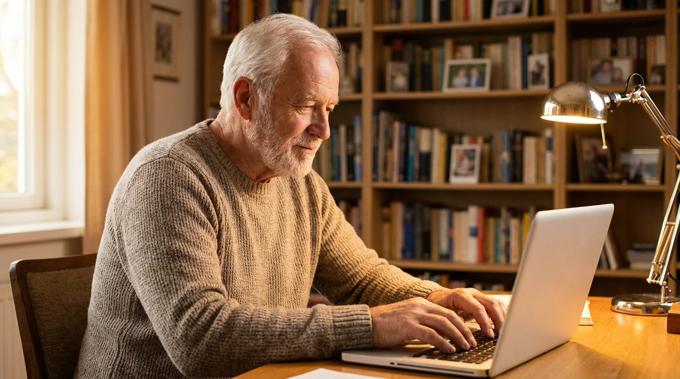 A senior man looking confident and secure while using his computer at home.