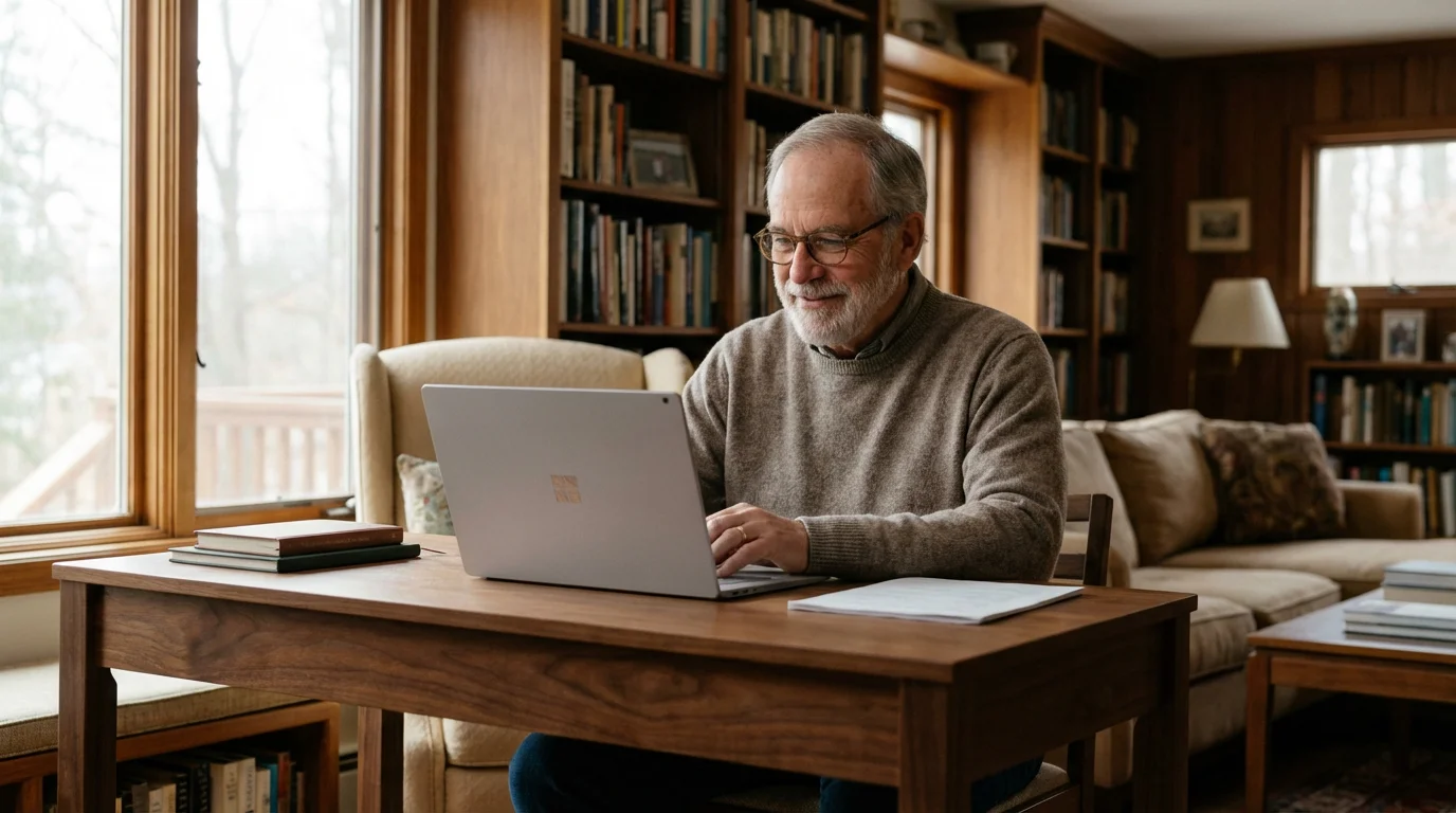 A senior man looking focused and relaxed while using a Windows laptop in a bright home office.