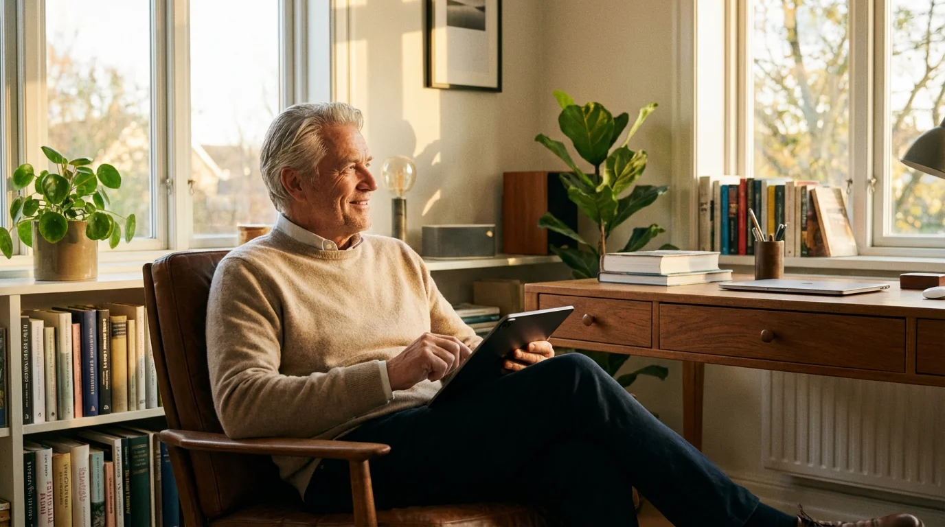 A senior man looking relaxed and confident while using his tablet at a desk.