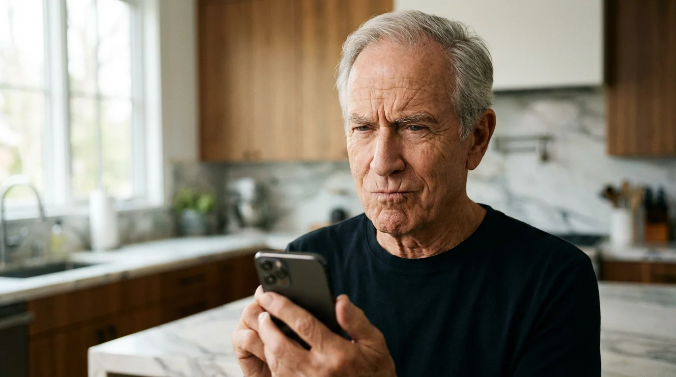 A senior man looking skeptically at his smartphone in a bright kitchen.