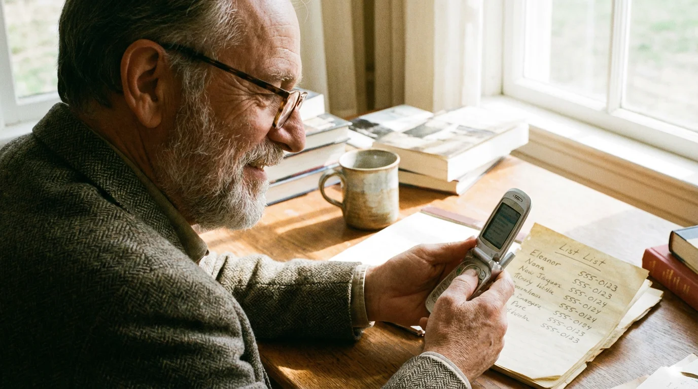 A senior man organizing his contacts with his flip phone and a notepad.