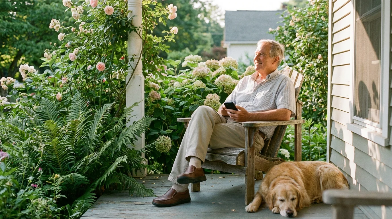 A senior man relaxes on his porch while checking his smartphone in a garden setting.