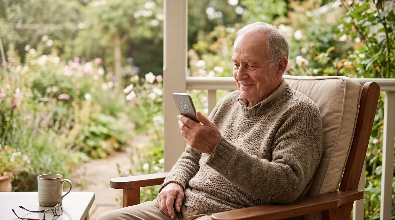 A senior man relaxing on a porch while using his smartphone, looking peaceful and protected.