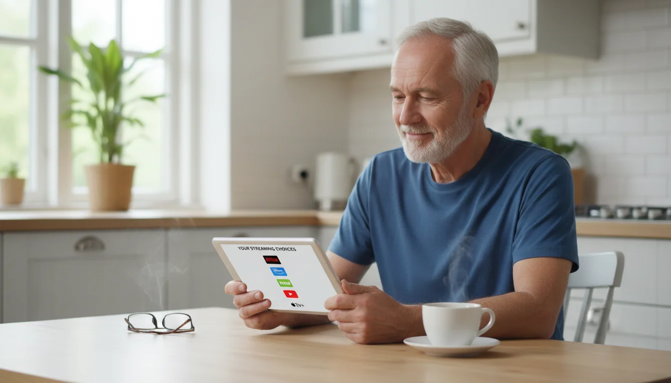 A senior man reviewing streaming service options on a tablet in a bright kitchen.