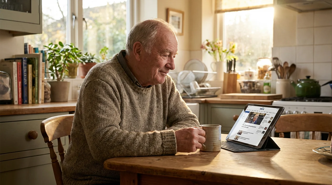 A senior man sitting at a kitchen table looking at his tablet.
