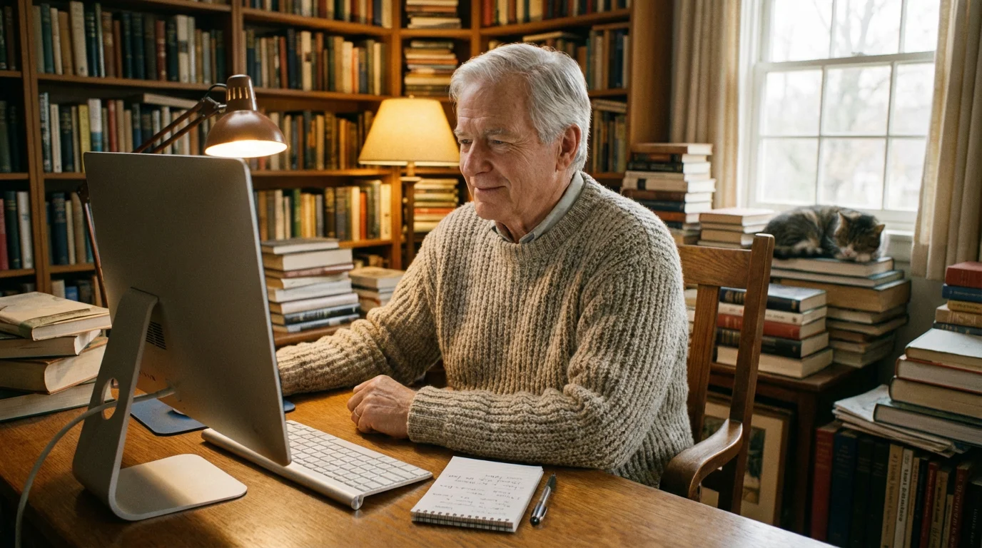 A senior man sitting at his computer in a cozy, book-filled room.