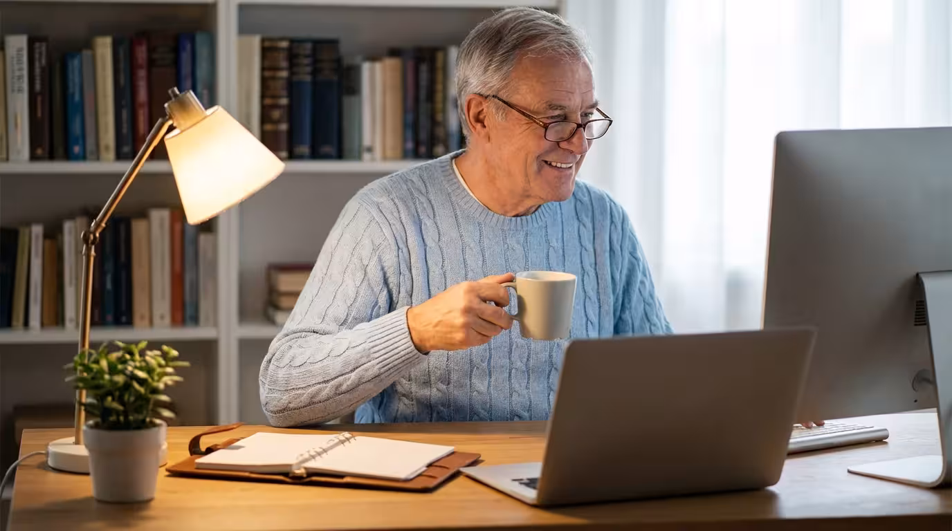 A senior man sitting comfortably at his computer, looking happy and relaxed.