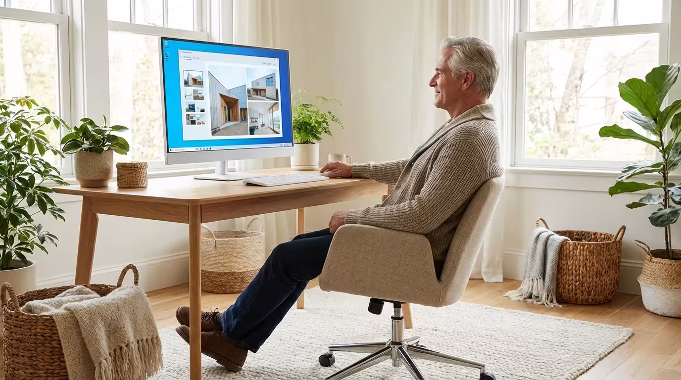 A senior man sitting comfortably in front of a modern Windows 11 computer in a well-lit, organized home office.