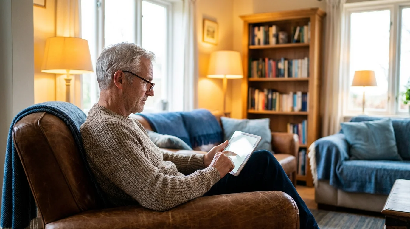 A senior man sitting in a cozy chair and looking at his tablet screen.