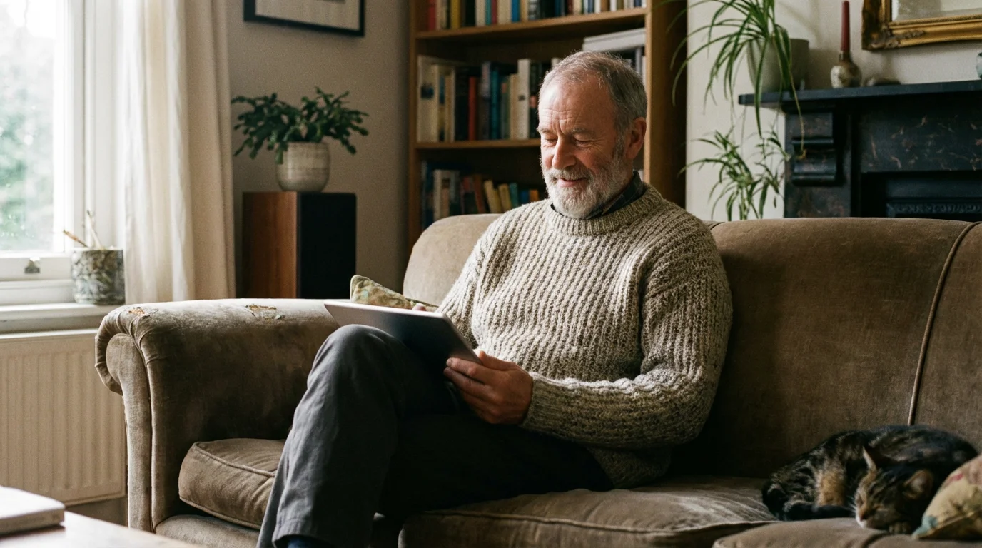 A senior man sitting on a sofa while looking calmly at his tablet screen.