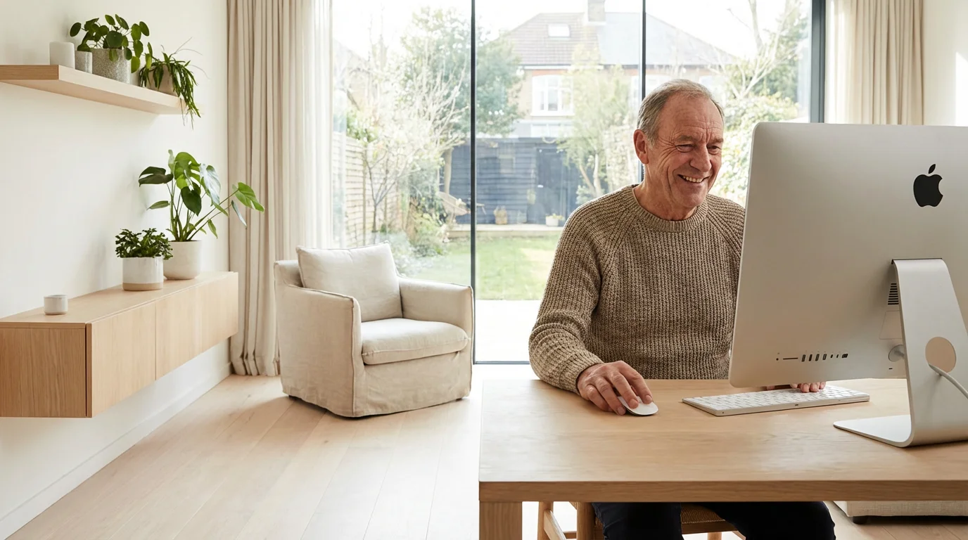A senior man smiling at a desktop computer in a bright, minimalist room.