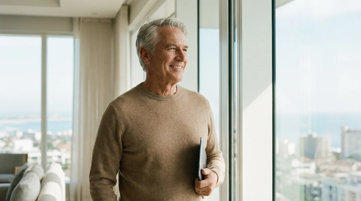 A senior man smiling confidently while holding a tablet.