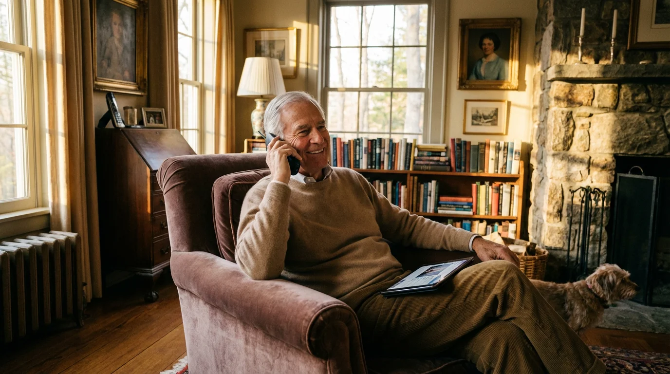 A senior man smiling while talking on the phone in a cozy chair.