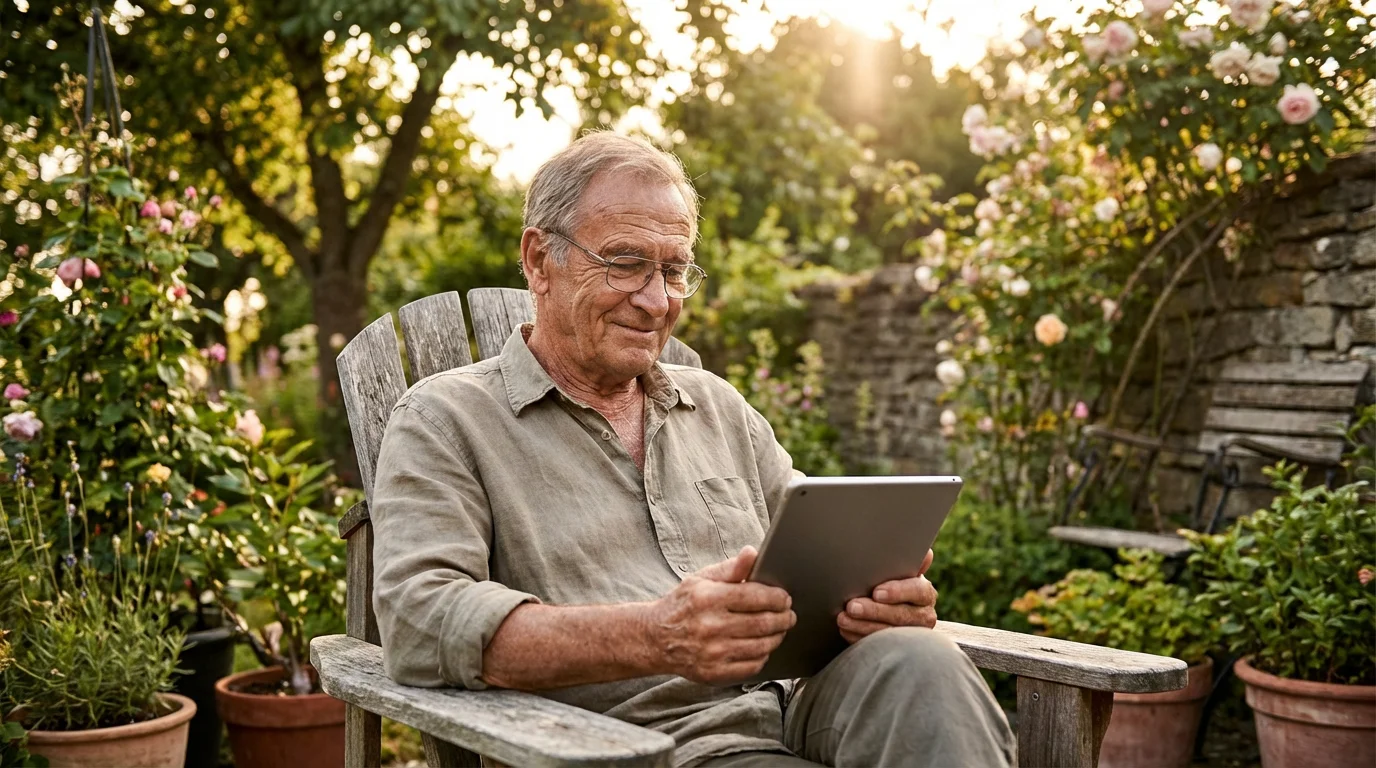 A senior man smiling while using a tablet outdoors in a garden.