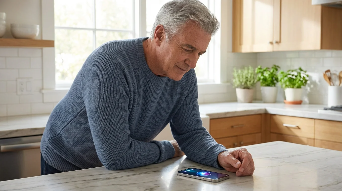 A senior man speaking to his iPhone on a kitchen counter with the Siri icon active.