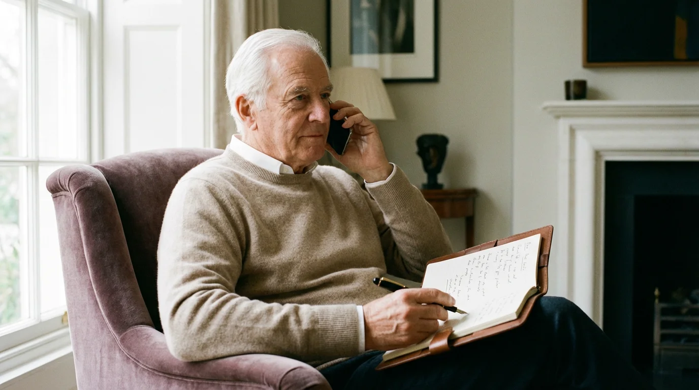 A senior man talking on the phone while taking notes in a comfortable chair.