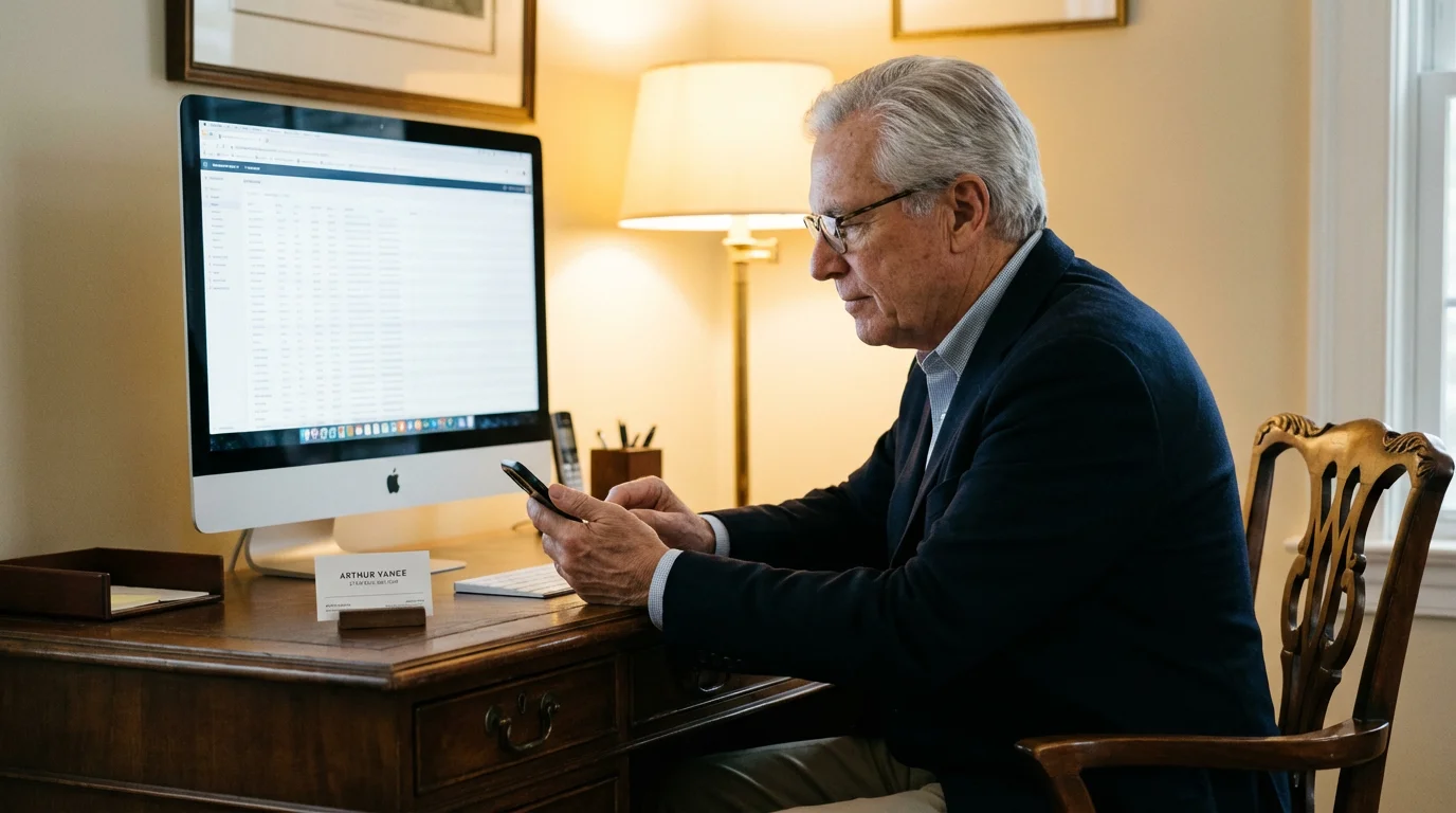 A senior man thoughtfully looking at his computer while holding a phone, deciding on his next step.