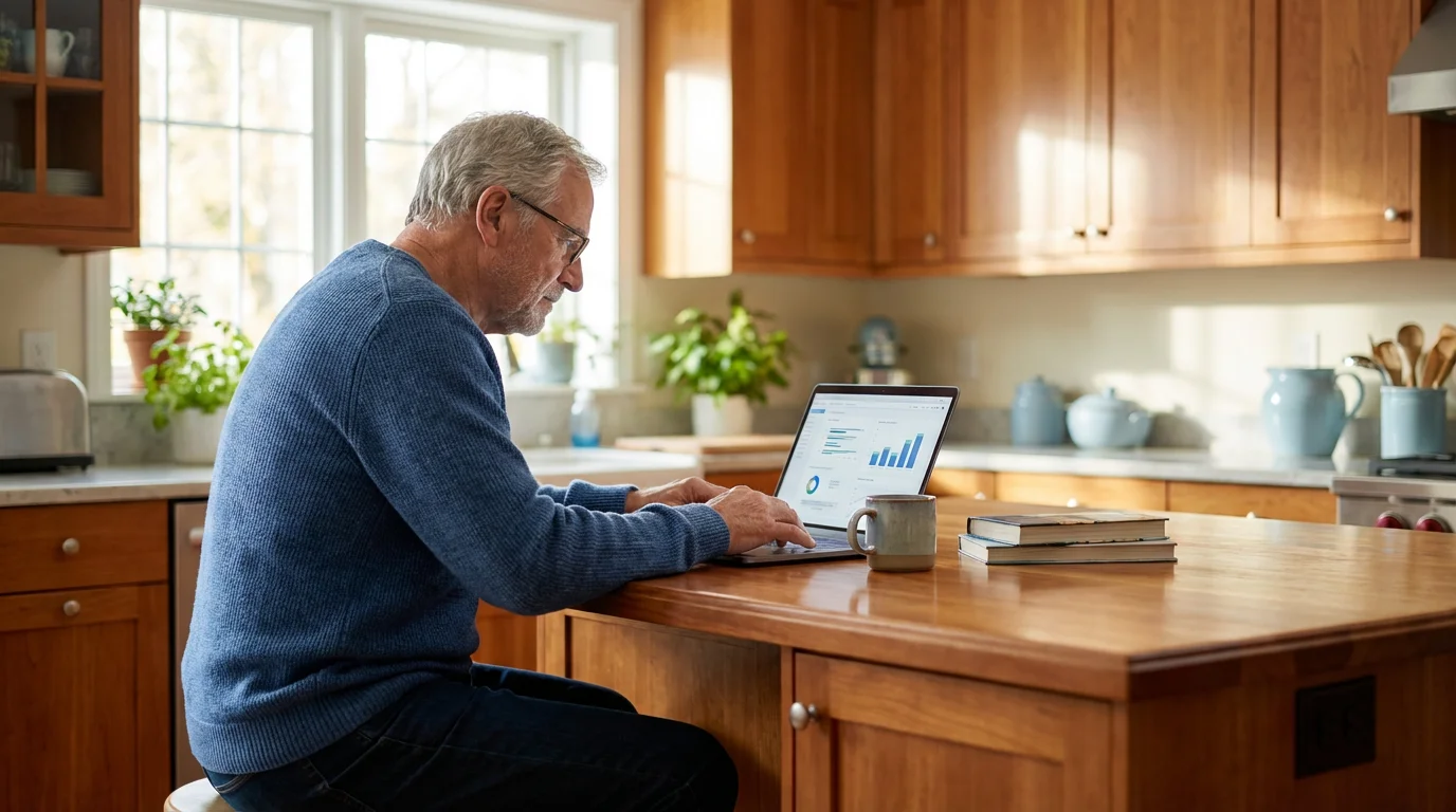 A senior man thoughtfully looking at his laptop in a bright, modern kitchen.