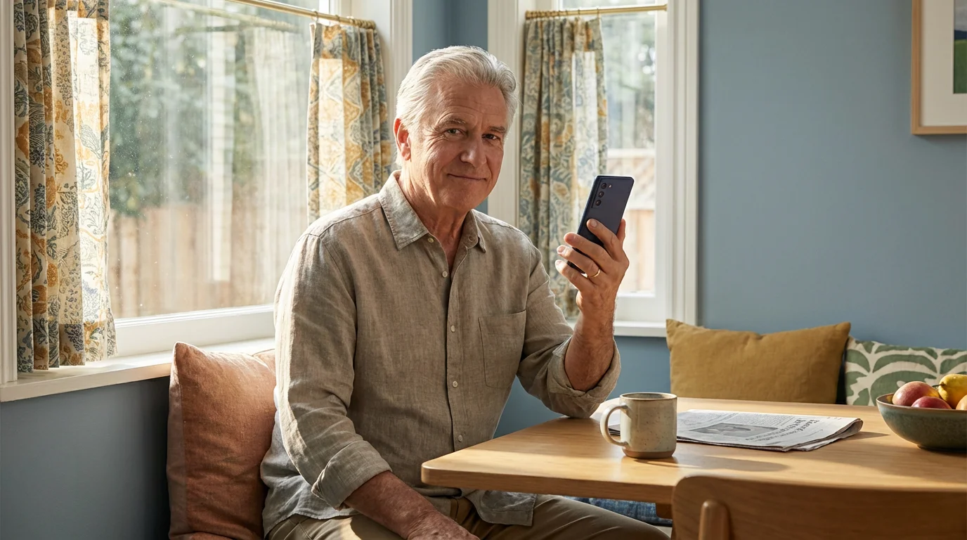A senior man uses his Android smartphone while sitting at a sun-drenched breakfast table.