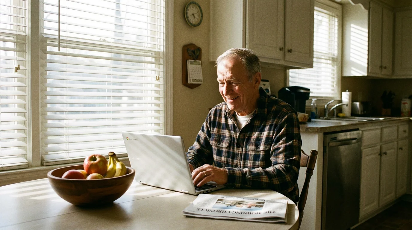 A senior man using a Chromebook at a sunlit breakfast table.