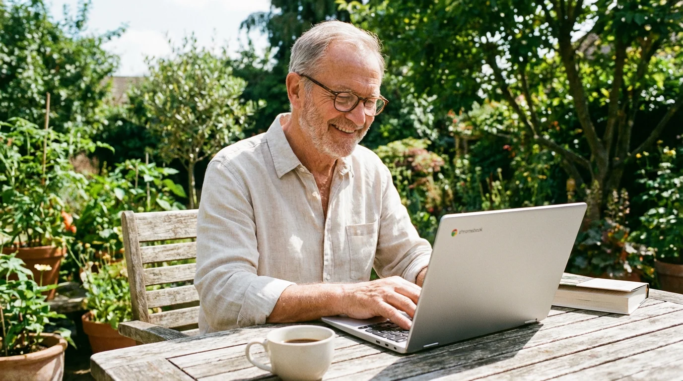 A senior man using a Chromebook outdoors on a sunny day, looking at a screen with large text.